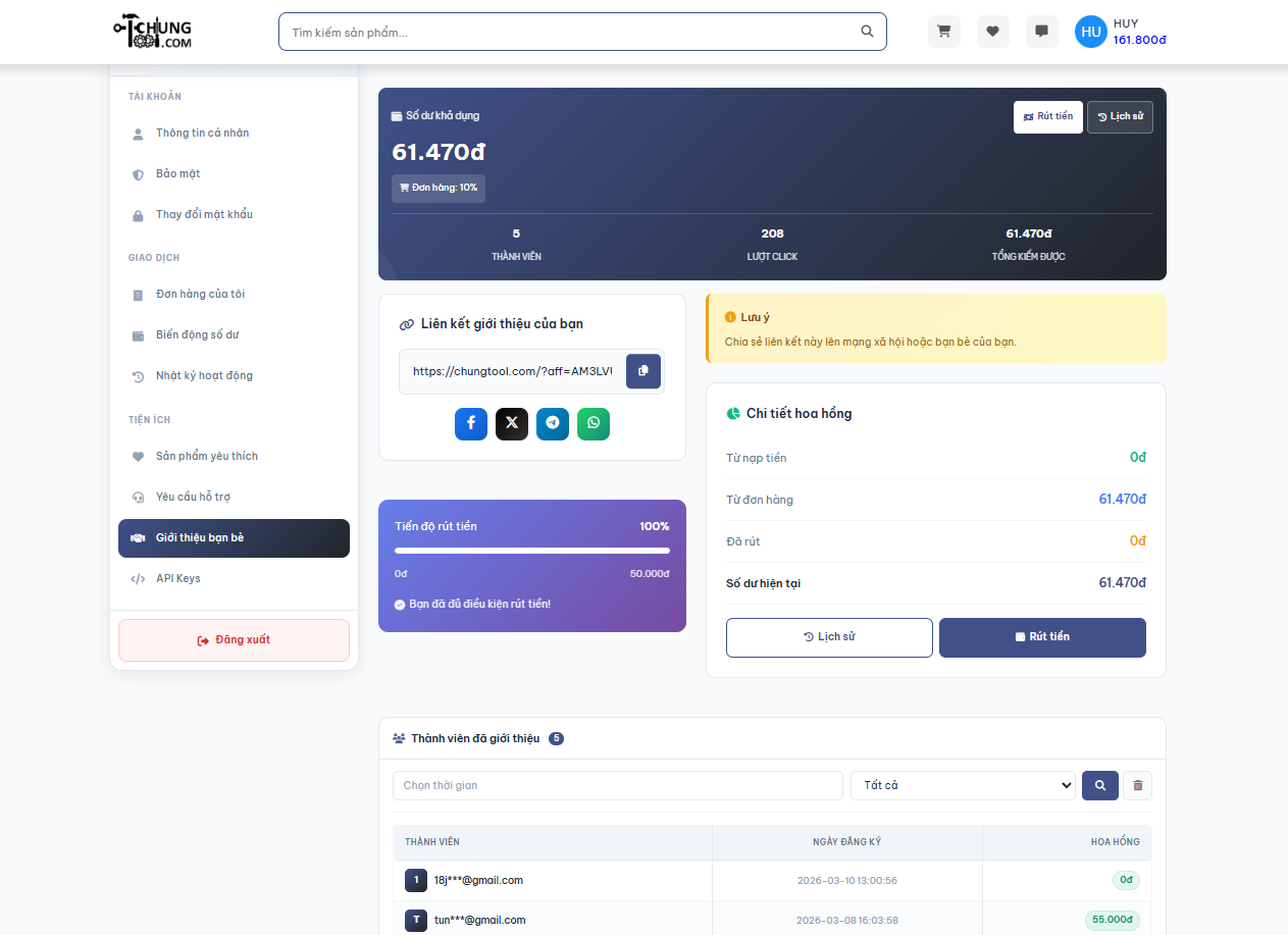 Bảng thống kê hoa hồng affliate và tạo link giới thiệu